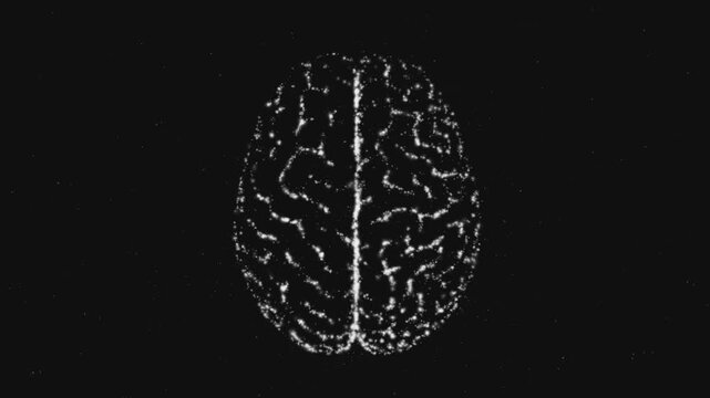 4K abstract human brain top view forming from neon particles with disintegration effect on black background for ai technology motion graphics.