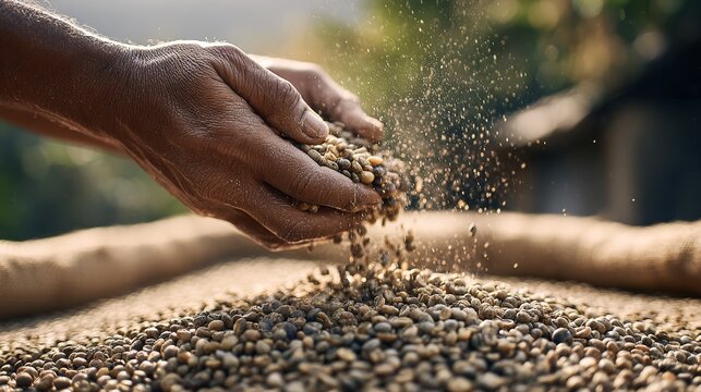 80.Agricultural worker handling dried coffee beans at a farm, hands in motion tossing beans, coffee production and quality control concept