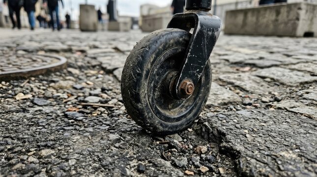 Close-up of a worn caster wheel on a cracked asphalt street with blurred pedestrians in background.