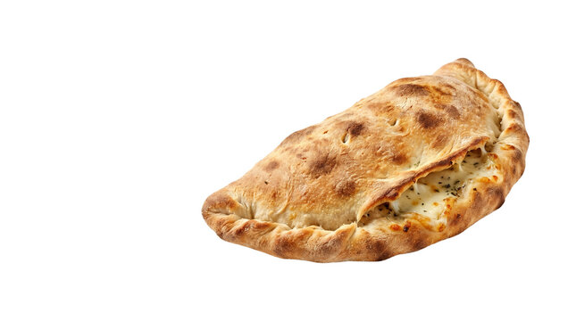Golden baked calzone pizza, traditional italian stuffed bread with melted cheese and herbs, crispy folded pizza turnover for restaurant menu isolated PNG with Transparent Background