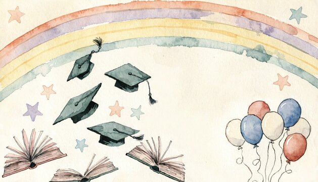 Graduation Celebration Illustration with Rainbow
