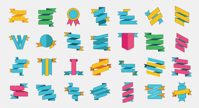 Colorful ribbon banners set, 28 flat vector ribbon elements for marketing, vibrant decorative labels and award badges for web design and retail promotions
