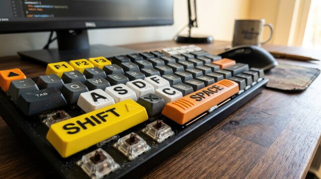 Customizable mechanical keyboard with colorful keycaps on a wooden desk