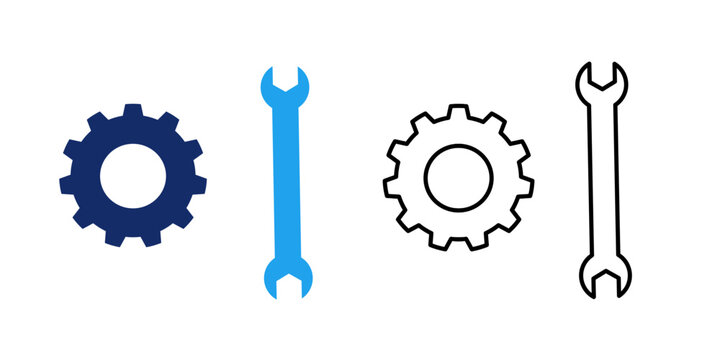 Gear and Wrench Icon Set Collection for Maintenance Services, Engineering Projects, Technical Support and Repair Applications