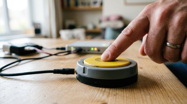 Hand pressing accessibility communication button for disabled people, assistive technology