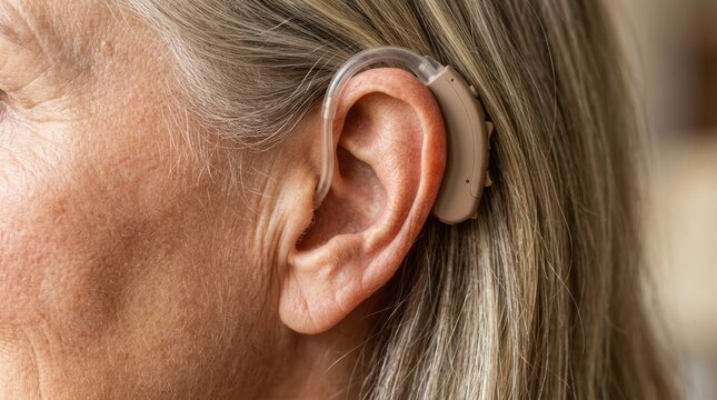 Elderly Woman Wearing Modern Hearing Aid Device in Ear