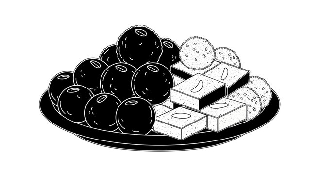 A black and white line art illustration of a plate filled with traditional Indian sweets.