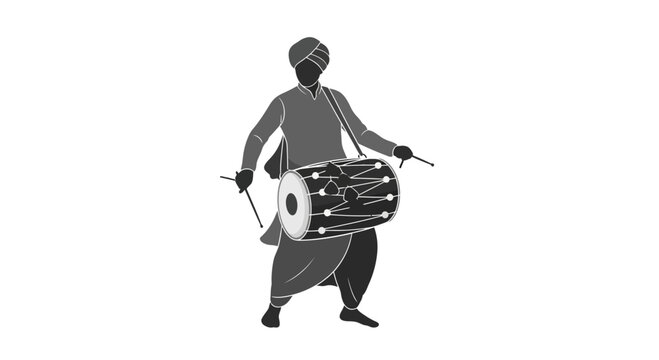 Silhouette of a traditional Indian dhol player performing music.