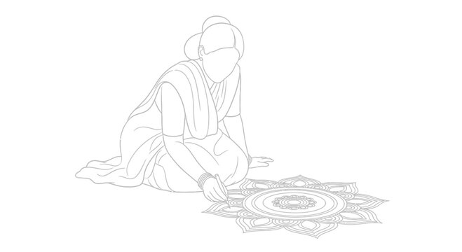 Line art illustration of a woman creating a traditional rangoli design on the floor.