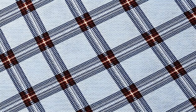 Ultra-detailed plaid textile pattern featuring a light blue background with intersecting navy blue, charcoal gray, white, and deep rust-red stripes. Premium woven cotton fabric texture, classic checke
