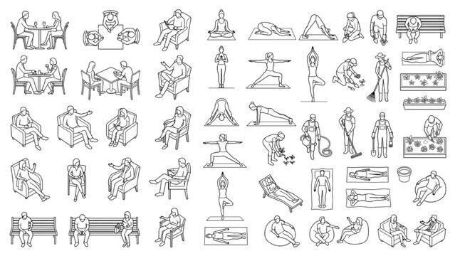 People Poses Collection: A diverse compilation of hand-drawn line art illustrations depicting various human activities and poses. CAD Blocks Icon Sheet Vector