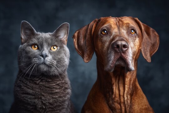 Gray cat and brown dog posing together in dramatic studio portrait