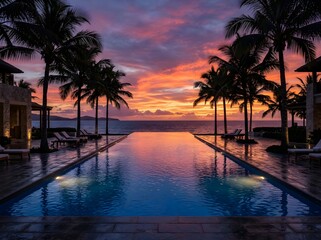 Obraz premium Luxury Resort Infinity Pool at Colorful Sunset