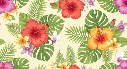 Tropical hibiscus seamless pattern vector, exotic floral background with monstera leaves and frangipani, summer botanical wallpaper for textile © ronyroye