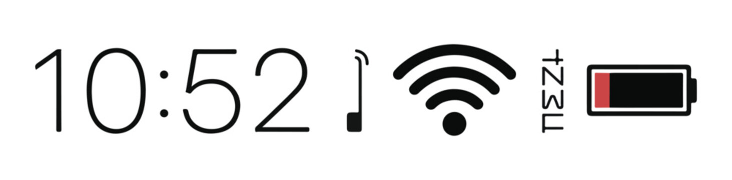 Mobile phone status bar elements with time display plus wireless network and low battery symbols.