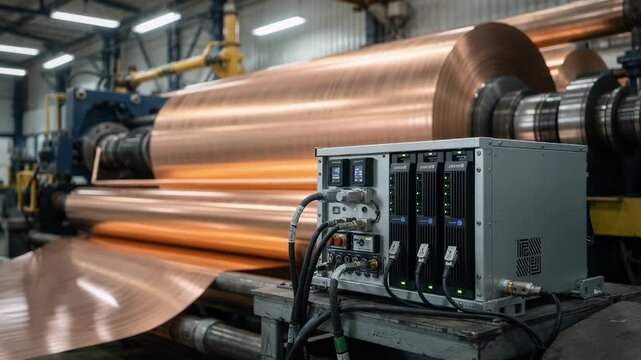 Medium shot capturing an edge computing system optimizing copper rolling processes emphasizing local data processing for faster decisionmaking and reduced energy consumption