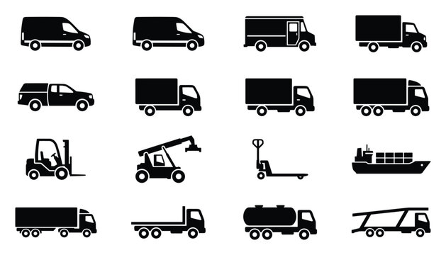 Delivery fleet and commercial transport premium flat black vector icon set featuring vans, trucks, forklifts and cargo vehicles for logistics and shipping branding
