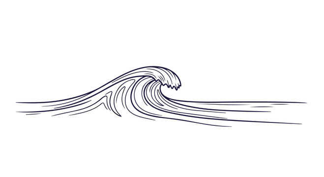 Minimalist ocean wave line art vector, hand drawn sea surf crest illustration, simple navy blue water ripple sketch on white background