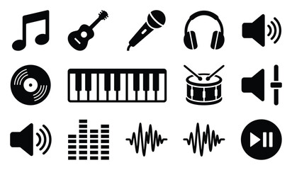 Music and audio production premium flat black vector icon set featuring piano, guitar, microphone, headphones and sound wave symbols for creative media branding © ArtMint