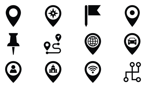 Location navigation and map marker premium flat black vector icon set featuring GPS pins, route points and travel positioning symbols for mobile app design
