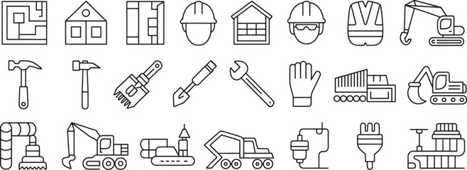 Construction Tools and Equipment Icons Set with Traced Outlines for Building, Maintenance and Industrial Work © omgicon