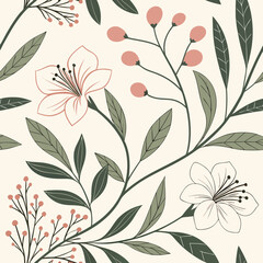 Fototapeta premium Modern floral seamless pattern with stylized white blossoms and pink berries for contemporary home decor fabrics and fashionable stationery designs