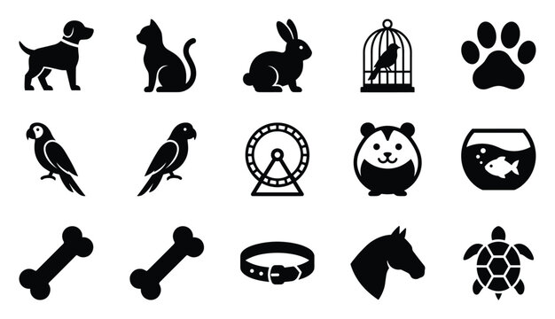 Pet care and companion animal premium flat black vector icon set featuring dog, cat, paw print, bone, bird and veterinary grooming symbols for pet branding design