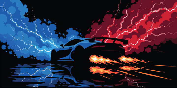 Stylized sports car racing through blue and red elemental storm clouds with lightning and exhaust flames
