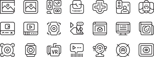 Technology App Icons Traced Outline Set with Video, Camera, Gamepad, Browser, and Multimedia Interface Symbols © omgicon