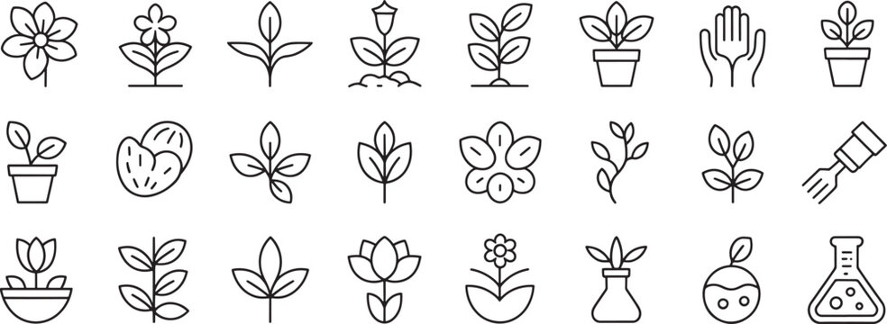 Flower and Plant Icons Set with Simple Line Art Drawings in Pots, Hearts, Leaves, and Lab-Style Chemistry Beaker