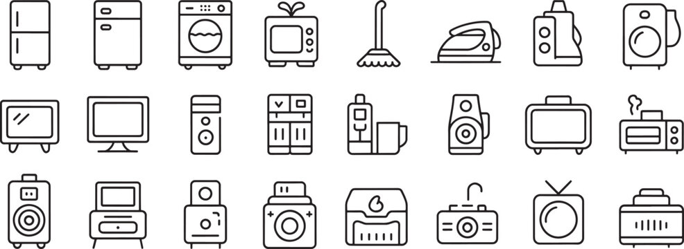 Mobile Device and Home Appliance Line Icons Set Featuring Fridge, Washing Machine, Oven, and Camera Symbols