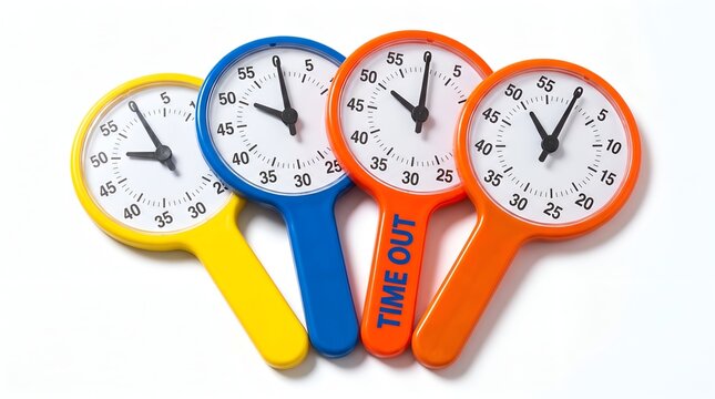 colorful timeout paddle timers with black hands on white background for sports coaching and education