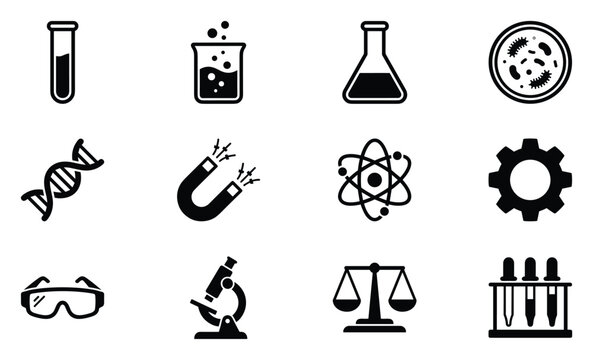 Scientific laboratory experiment and research premium flat black vector icon set featuring test tube, atom, DNA, microscope and chemistry equipment symbols for academic and medical design