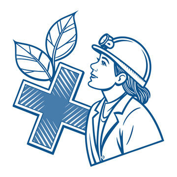 Female geologist or environmental scientist with plant leaves and cross symbol, nature and health concept, ecological research