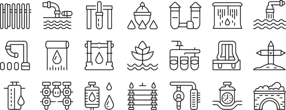 Water Purification and Hydro Therapy Line Icons Set Featuring Faucets, Pipes, Drops, Valves, Tanks, and Swimming Pool Elements