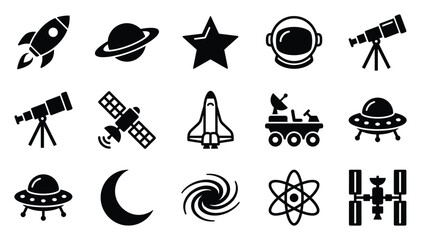 Space exploration and astronomy premium flat black vector icon set featuring rocket, planet, satellite, telescope, galaxy and orbital science symbols for cosmic and educational branding © ArtMint