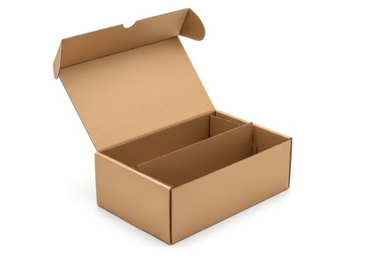 Open cardboard box with lid folded back isolated on white background