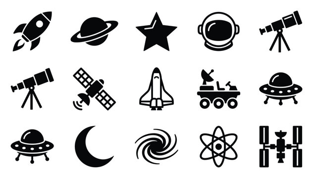 Space exploration and astronomy premium flat black vector icon set featuring rocket, planet, satellite, telescope, galaxy and orbital science symbols for cosmic and educational branding