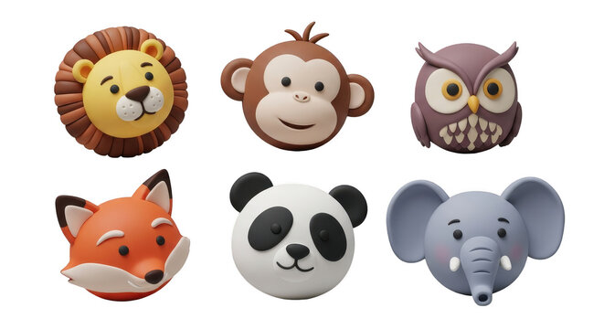 3d rendered cartoon animal heads lion monkey owl fox panda elephant isolated on white background illustration