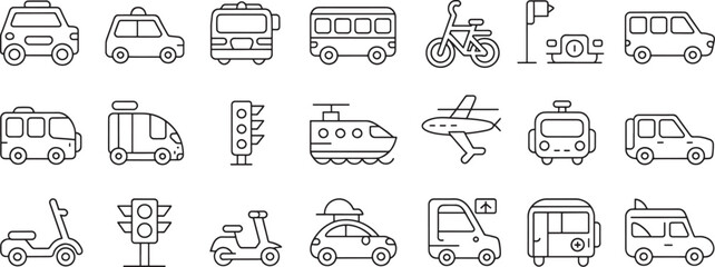 Vehicle Transport Icons Set with Bus, Tram, Truck, Train, Bicycle, Scooter and Aircraft Line Art Symbols © omgicon