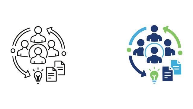 Comprehensive team data analysis and information management icon set with cyclical arrows documents and lightbulb ideas in professional vector style