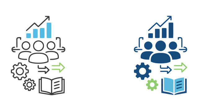 Business growth and team development icon with bar chart and learning process showing professional advancement and corporate training in flat vector illustration isolated on white background