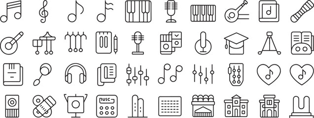Music and Technology Icons Traced Set with Microphones, Headphones, Notes, Speakers, and Instruments for Ui Design © omgicon