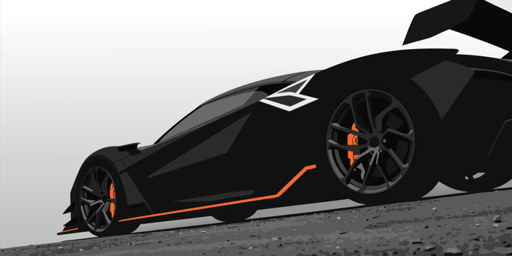 Sleek black hypercar vector illustration with orange accents and aerodynamic rear wing for racing enthusiasts