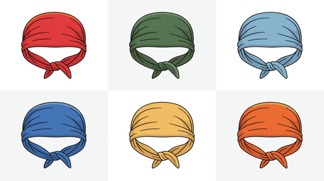 Collection of six different colored bandanas or headscarves including red, green, blue, yellow, and orange variants.