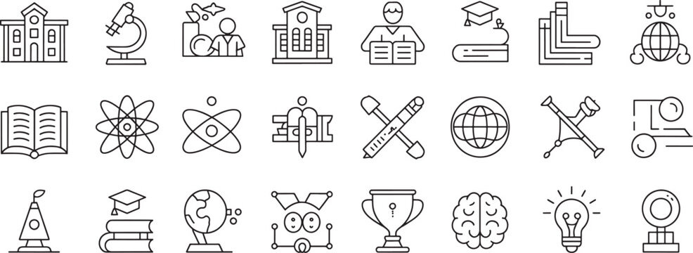 Education Icon Set with School Building, Microscope, Diploma Cap, Globe, Books, and Trophy Symbols in Clean Outline Style
