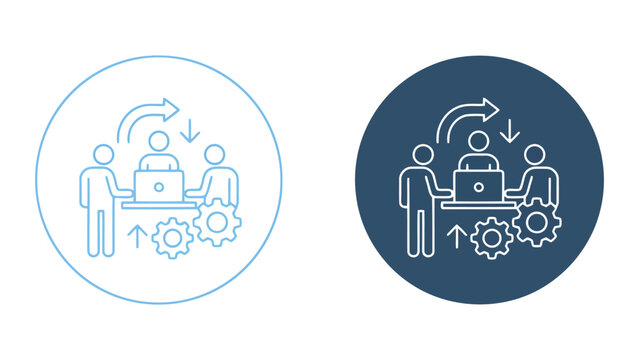 Business team technical support and collaborative development icon vector illustration with laptop and gear symbols for project management and software engineering workflows in corporate environments