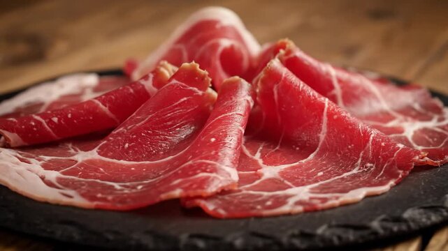 Close-up of thinly sliced cured ham, likely prosciutto or coppa, arranged on a dark slate plate with a rustic wooden background, ready for charcuterie board serving.
