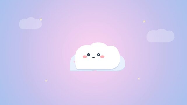 Cute cartoon cloud character morphing into flat shape in pastel sky