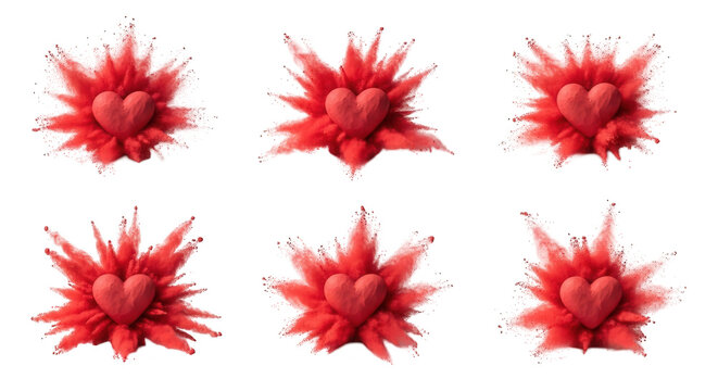 red hearts surrounded by exploding powder on a white background symbolizing love and passion valentines day